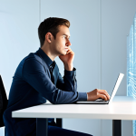 A professional individual, fully clothed in a modest business casual outfit, sits contemplatively at a sleek, minimalist desk in a modern, brightly lit digital workspace. Abstract, translucent data streams subtly flow around them, suggesting an invisible network of information. The person's expression is thoughtful, reflecting on digital privacy and algorithmic influence. The scene is well-composed with soft, natural lighting. Perfect anatomy, correct proportions, natural pose, well-formed hands, proper finger count, natural body proportions, high-resolution, professional photography, safe for work, appropriate content, fully clothed, professional.