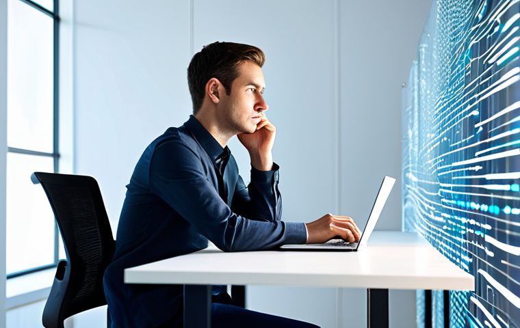 A professional individual, fully clothed in a modest business casual outfit, sits contemplatively at a sleek, minimalist desk in a modern, brightly lit digital workspace. Abstract, translucent data streams subtly flow around them, suggesting an invisible network of information. The person's expression is thoughtful, reflecting on digital privacy and algorithmic influence. The scene is well-composed with soft, natural lighting. Perfect anatomy, correct proportions, natural pose, well-formed hands, proper finger count, natural body proportions, high-resolution, professional photography, safe for work, appropriate content, fully clothed, professional.